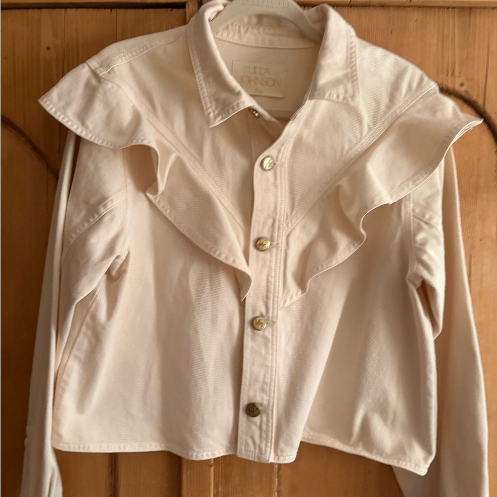 Ulla Johnson Cream Ruffle-Front Jean Jacket